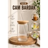 Rotanev Pipetli Cam Bardak Bambu Kapaklı | Soğuk Kahve, Bubble Tea, Limonata, Smoothie ve Soda Bardağı 540 ml