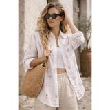 Rouge Basic Rahat Kalıp %100 Pamuk Nakışlı Beyaz Keten Dokulu Gömlek - Standart - Fuşya