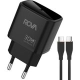 Rova SB124T 30W Type-C Hızlı Şarj Adaptörü + Type-C To Type-C Kablo Seti – Güvenlik Sertifikalı, Siyah