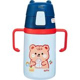 Rovco 400ml Silikon Pipetli Sevimli Ayıcıklı Boyun Askılı Bebek Kulplu Paslanmaz Çelik Termos (Lacivert)