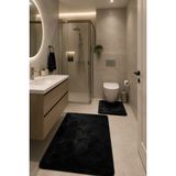 Rovigo Home Premium, Deri Taban, Tavşan Tüyü,pofuduk Post Banyo Paspası 2'li 100X60 - 60X50 cm - Siyah