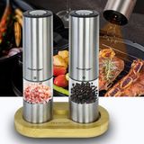 Rowenger 2'li Bambu Standlı Pilli Işıklı Tuz Karabiber Değirmeni Otomatik Baharat Öğütücü Seti - İnox