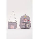 Roxbros Lisanslı Kore Tarzı Kawaii Aksesuarlı Kız Çocuk 2'li Ilkokul Çanta Seti + Ayıcıklı Okul Çantası + Termal Beslenme Çantası - Sırt Çantası - Gri - 42X35 CM