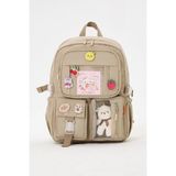 Roxbros Lisanslı Kore Tarzı Kawaii Aksesuarlı Kız Çocuk Ilkokul Çantası + Ayıcıklı Okul Çantası - Sırt Çantası - Bej - 42X35 CM