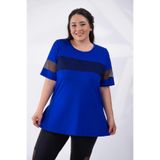ROXXLEN 1111036 Kadın Büyük Beden Saks File Detaylı Bluz, Geniş Yaka, Kısa Kol, Kısa, Örme, Örgü, Desenli, Regular, Gündüz/Gece, Rahat Kesim