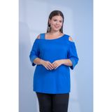 ROXXLEN 111950 Kadın Büyük Beden Saks Omuz Detaylı Taşlı Bluz, Kayık Yaka, Omzu açık, Uzun, Örme, Comfort, Düz, Regular, Gündüz/Gece, Rahat Kesim