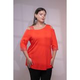 ROXXLEN 111950 Kadın Büyük Beden Turuncu Omuz Detaylı Taşlı Bluz, Kayık Yaka, Omzu açık, Uzun, Örme, Comfort, Düz, Regular, Gündüz/Gece, Rahat Kesim
