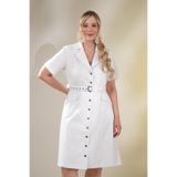 ROXXLEN 1122538 Kadın Büyük Beden Kemerli Gabardin Elbise Beyaz, Ceket Yaka, Kısa Kol, Kısa, Dokuma, Örgü, Düz, Midi, Gündüz/Gece, Rahat Kesim