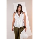 ROXXLEN 1122540 Kadın Büyük Beden Keten Kolsuz Gömlek Beyaz, Gömlek Yaka, Örme, Düz, Regular, Casual/Günlük, Rahat Kesim