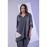 ROXXLEN 1127682 Kadın Büyük Beden Asimetrik Tunik 2'Li Takım Füme, Gömlek Yaka, 3/4 kol, Kısa, Dokuma, Jessica, Desenli, Regular, Gündüz/Gece, Rahat Kesim
