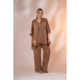 ROXXLEN 1127682 Kadın Büyük Beden Asimetrik Tunik 2'Li Takım, Vizon, Gömlek Yaka, 3/4 kol, Kısa, Dokuma, Jessica, Desenli, Regular, Gündüz/Gece, Rahat Kesim