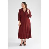ROXXLEN 121719 Kadın Büyük Beden Kırmızı Pitikare Elbise, Beyaz, Gömlek Yaka, Uzun Kol, Uzun, Örme, Comfort, Ekose/Kareli, Rahat Kesim