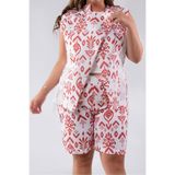 ROXXLEN 122172 Kadın Büyük Beden Etnik Desen Fileli Bluz Kırmızı, Gömlek Yaka, Kolsuz, Dokuma, Keten karışımlı, Batik, Regular, Beachwear, Relaxed, Rahat Kesim