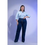 ROXXLEN 1222520 Büyük Beden Kadın Düğme Detaylı Denim Lacivert Pantolon, Comfort, Düz, Regular, Gündüz/Gece, Rahat Kesim
