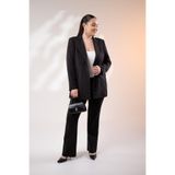 ROXXLEN 122262 Cep Fermuarlı Blazer Ceket Siyah, Ceket Yaka, Uzun Kol, Uzun, Örme, Örgü, Düz, Standart, Gündüz/Gece, Büyük Beden, Rahat Kesim