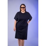 ROXXLEN 210105 Kadın Bisiklet Yaka Cepli Elbise Siyah, Kısa Kol, Kısa, Örme, Örgü, Düz, Midi, Casual/Günlük, Büyük Beden, Rahat Kesim