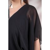 ROXXLEN 3330365 Kadın Fermuarlı Şifon Bluz Siyah, V Yaka, Kısa Kol, Kısa, Örme, Örgü, Düz, Regular, Casual/Günlük, Büyük Beden, Rahat Kesim