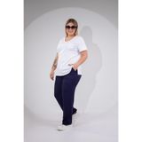 ROXXLEN 3330578 Kadın Büyük Beden Lacivert Cepli Keten Pantolon, Örme, Düz, Casual/Günlük, Rahat Kesim