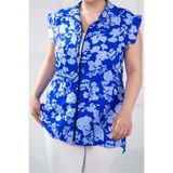 ROXXLEN 8008 Fermuarlı Bluz Kadın Büyük Beden Fermuarlı Çiçek Desenli Bluz Mavi, Gömlek Yaka, Kolsuz, Dokuma, Poliviskon, Çiçekli, Regular, Casual/Günlük, Rahat Kesim