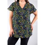 ROXXLEN 8023 Bluz Kadın Büyük Beden V Yaka Çiçekli Bluz Sarı, Kısa Kol, Kısa, Dokuma, Poliviskon, Standart, Casual/Günlük, Regular, Rahat Kesim