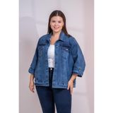 ROXXLEN Büyük Beden Cepli Apoletli Denim Ceket, Mavi, Ceket Yaka, Uzun Kol, Uzun, Gabardin, Düz, Regular, Gündüz/Gece, Rahat Kesim