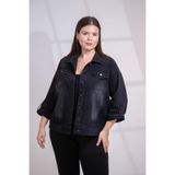 ROXXLEN Büyük Beden Cepli Apoletli Denim Ceket Siyah, Ceket Yaka, Uzun Kol, Uzun, Gabardin, Düz, Regular, Gündüz/Gece, Rahat Kesim