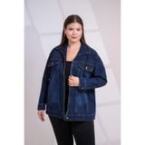 ROXXLEN Büyük Beden Fermuar Detaylı Denim Ceket Lacivert, Ceket Yaka, Uzun Kol, Uzun, Gabardin, Düz, Regular, Gündüz/Gece, Rahat Kesim