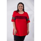 ROXXLEN Büyük Beden File Detaylı Bluz Kırmızı, Geniş Yaka, Kısa Kol, Kısa, Örme, Örgü, Desenli, Regular, Gündüz/Gece, Rahat Kesim