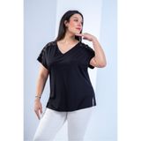 ROXXLEN Büyük Beden Kadın Dantel Detaylı Bluz Siyah, V Yaka, Kısa Kol, Kısa, Dokuma, Comfort, Düz, Gündüz/Gece, Rahat Kesim