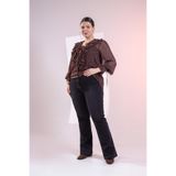 ROXXLEN Büyük Beden Kadın Hardal Dikişli Spain Denim Siyah Pantolon, Örme, Düz, Casual/Günlük, Rahat Kesim