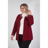 ROXXLEN Büyük Beden Kadın İnci Taş Detaylı Hırka Bordo, Sıfır Yaka, Uzun Kol, Uzun, Örme, Düz, Casual/Günlük, Rahat Kesim