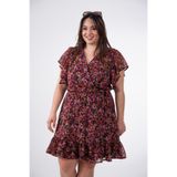 ROXXLEN Büyük Beden Kadın Kolu Eteği Volanlı Elbise Pembe Çiçekli, V Yaka, Kısa Kol, Kısa, Örme, Şifon, Desenli, Midi, Gündüz/Gece, Rahat Kesim