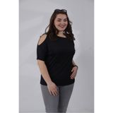 ROXXLEN Büyük Beden Kadın Omuz Detaylı Bluz, Siyah, Geniş Yaka, Kısa Kol, Kısa, Örme, Süprem, Düz, Casual/Günlük, Rahat Kesim