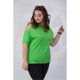 ROXXLEN Büyük Beden Kadın Omuz Detaylı Bluz, Yeşil, Geniş Yaka, Kısa Kol, Kısa, Örme, Süprem, Düz, Casual/Günlük, Rahat Kesim