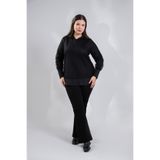 ROXXLEN Büyük Beden Kadın Tül Dantelli Bluz Siyah, Dik Yaka, Uzun Kol, Uzun, Örme, Desenli, Casual/Günlük, Rahat Kesim