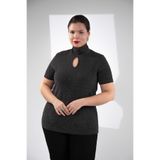 ROXXLEN Büyük Beden Simli Yarım Kol Boğazlı Kazak, Siyah, Kısa Kol, Kısa, Örme, Simli Örme, Düz, Regular, Gündüz/Gece, Rahat Kesim