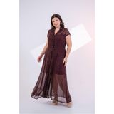 ROXXLEN Kadın Büyük Beden Alina Uzun Elbise Kahverengi, Ceket Yaka, Kısa Kol, Kısa, Örme, Şifon, Çiçekli, Standart, Casual/Günlük, Rahat Kesim
