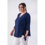 ROXXLEN Kadın Büyük Beden Bel Bağlamalı Bluz Lacivert, Kruvaze, 3/4 kol, Uzun, Örme, Örgü, Düz, Maxi, Gündüz/Gece, Rahat Kesim