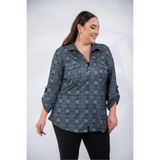 ROXXLEN Kadın Büyük Beden Cep Detaylı Fermuarlı Gömlek, Gri Ekose, Fermuarlı Yaka, Uzun Kol, Uzun, Dokuma, Saten, Ekose/Kareli, Regular, Casual/Günlük, Rahat Kesim