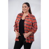 ROXXLEN Kadın Büyük Beden Cep Detaylı Fermuarlı Gömlek, Kırmızı, Fermuarlı Yaka, Uzun Kol, Uzun, Dokuma, Saten, Ekose/Kareli, Regular, Casual/Günlük, Rahat Kesim