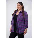 ROXXLEN Kadın Büyük Beden Cep Detaylı Fermuarlı Gömlek, Mor, Fermuarlı Yaka, Uzun Kol, Uzun, Dokuma, Saten, Ekose/Kareli, Regular, Casual/Günlük, Rahat Kesim