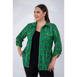 ROXXLEN Kadın Büyük Beden Cep Detaylı Fermuarlı Gömlek, Yeşil Ekose, Fermuarlı Yaka, Uzun Kol, Uzun, Dokuma, Saten, Ekose/Kareli, Regular, Casual/Günlük, Rahat Kesim