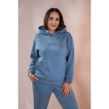 ROXXLEN Kadın Büyük Beden Cepli Sweatshirt Mavi, Sıfır Yaka, Uzun Kol, Uzun, Örme, 3 İplik Şardonlu, Düz, Casual/Günlük, Rahat Kesim