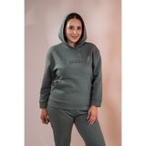 ROXXLEN Kadın Büyük Beden Cepli Sweatshirt, Yeşil, Sıfır Yaka, Uzun Kol, Uzun, Örme, 3 İplik Şardonlu, Düz, Casual/Günlük, Rahat Kesim
