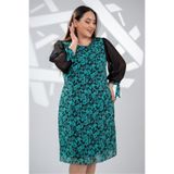 ROXXLEN Kadın Büyük Beden Desenli Şifon Elbise Siyah Yeşil, Bisiklet Yaka, Kısa Kol, Kısa, Belirtilmemiş, Casual/Günlük, Rahat Kesim