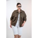 ROXXLEN Kadın Büyük Beden Fermuarlı Cep Detaylı Ceket, Haki, Gömlek Yaka, Uzun Kol, Uzun, Belirtilmemiş, Keten, Düz, Casual/Günlük, Rahat Kesim