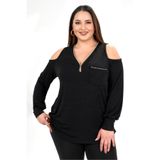ROXXLEN Kadın Büyük Beden Fermuarlı-Omuzu Açık Bluz, Siyah, Fermuarlı Yaka, Omzu açık, Uzun, Belirtilmemiş, Mikro Likralı İnterlok, Düz, Casual/Günlük, Rahat Kesim