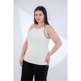 ROXXLEN Kadın Büyük Beden İnci Detaylı Bluz, Ekru, Bisiklet Yaka, Kolsuz, Örme, Fitilli, Düz, Casual/Günlük, Rahat Kesim