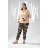ROXXLEN Kadın Büyük Beden Leopar Desenli Pantolon Siyah, Dokuma, Poliviskon, Nakışlı/İşlemeli, Casual/Günlük, Rahat Kesim
