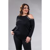 ROXXLEN Kadın Büyük Beden Omuz-Taşlı Bluz Siyah, Bisiklet Yaka, Omzu açık, Uzun, Örme, Dokulu, Düz, Casual/Günlük, Rahat Kesim